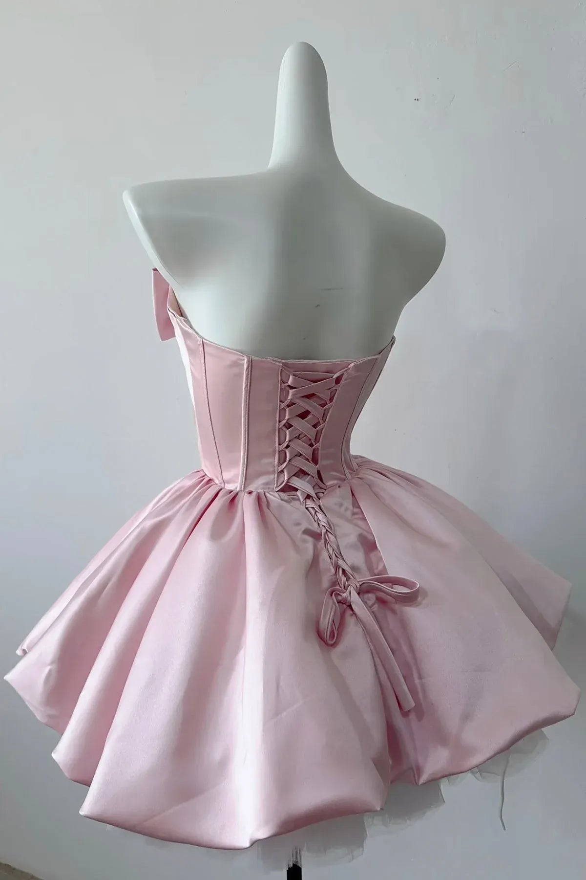 Pink Strapless Bow Front Corset Back Voluminous A-Line Mini Homecoming Dress