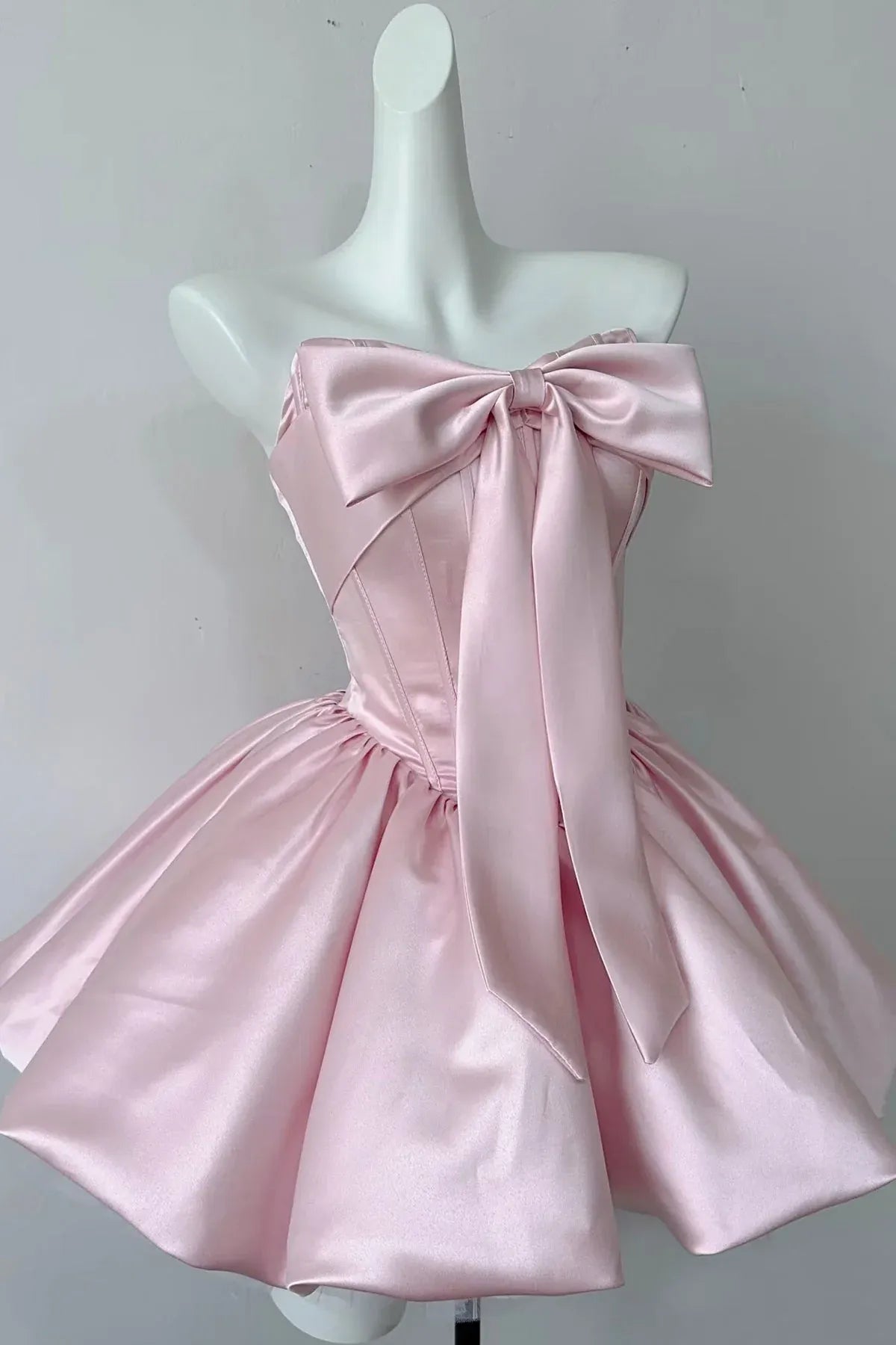 Pink Strapless Bow Front Corset Back Voluminous A-Line Mini Homecoming Dress