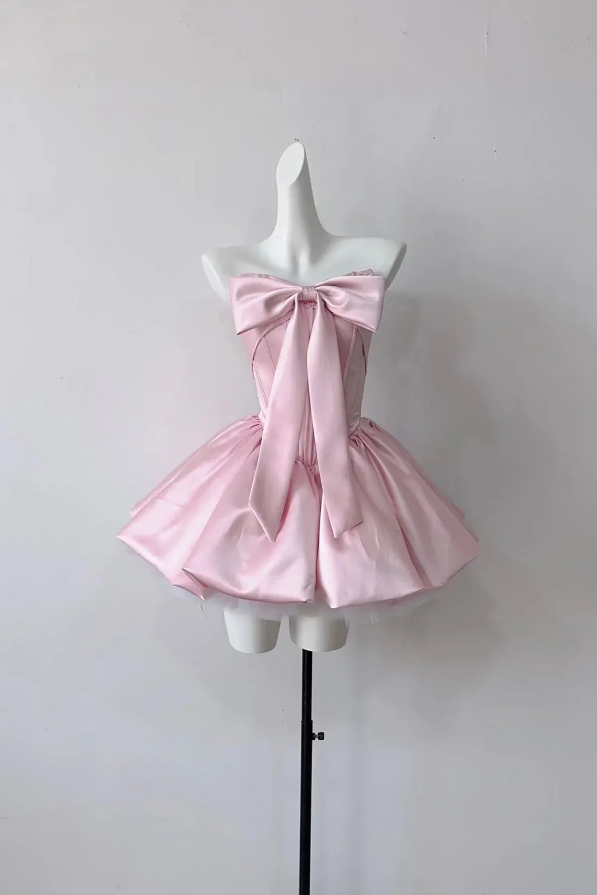 Pink Strapless Bow Front Corset Back Voluminous A-Line Mini Homecoming Dress