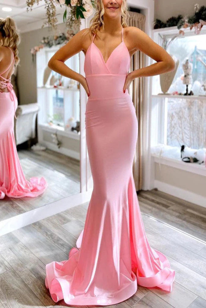 Wholesa Mermaid Spaghetti Straps Prom Dresses Satin Lace Up Sweep Train Evening Dress