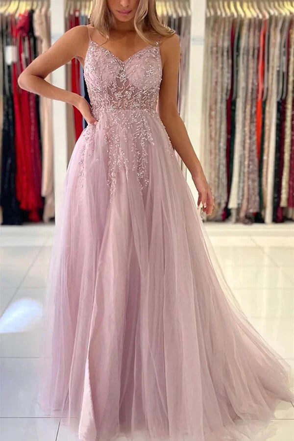 Wholesa A-line V-neck Beaded Tulle Prom Dresses With Slit