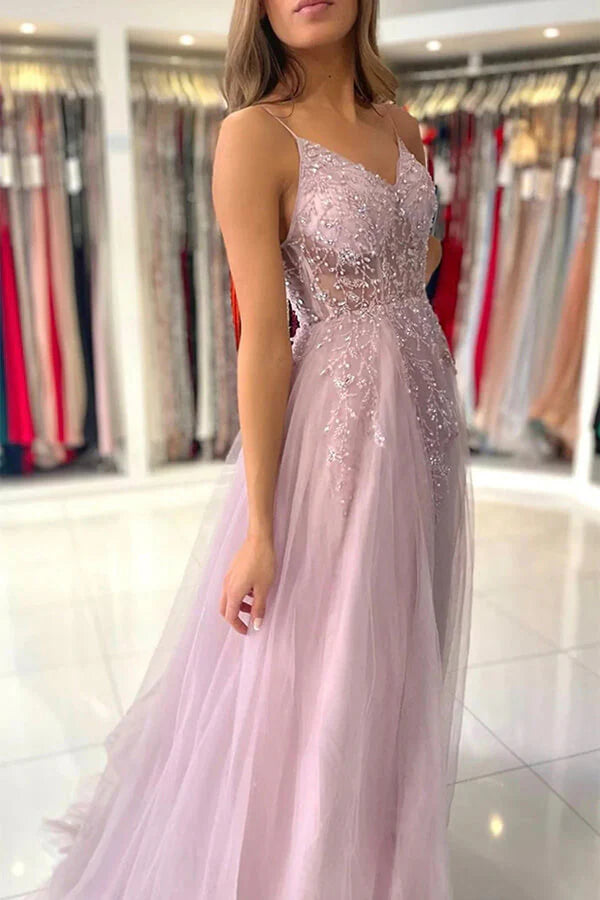 Wholesa A-line V-neck Beaded Tulle Prom Dresses With Slit