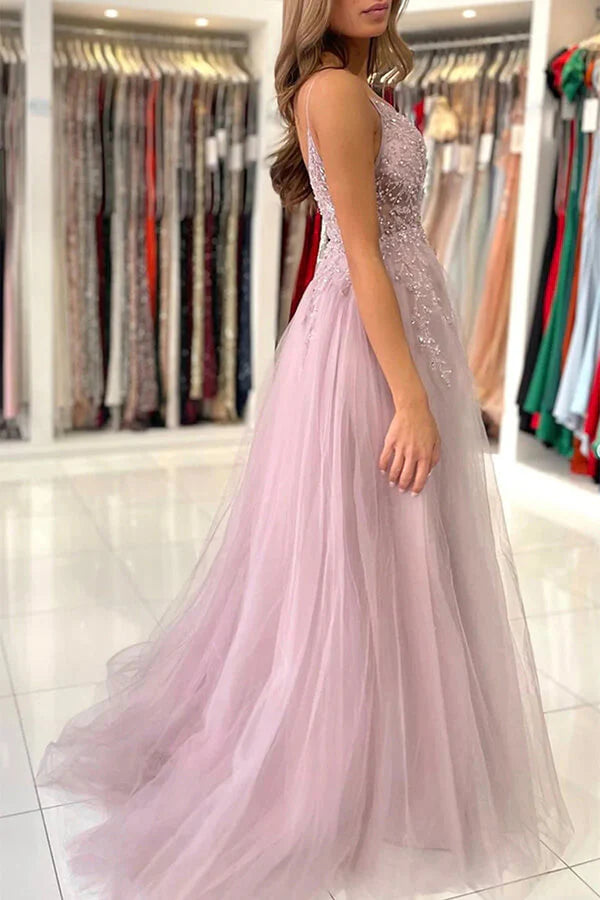 Wholesa A-line V-neck Beaded Tulle Prom Dresses With Slit