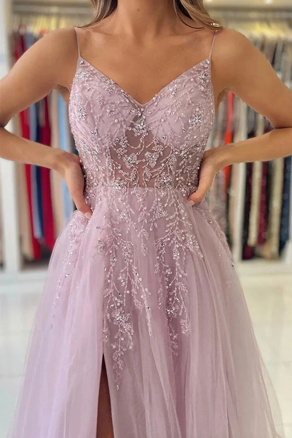 Wholesa A-line V-neck Beaded Tulle Prom Dresses With Slit