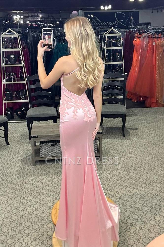 CNTNZ DRESS Fashion Mermaid V-Neck Spaghetti Straps Appliques Backless Sexy Prom Dress