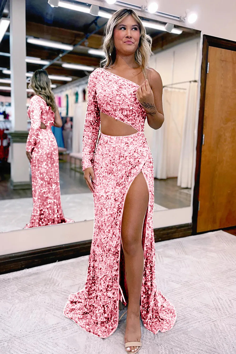 Wholesa Sequin One Shoulder Front Split Prom Dress