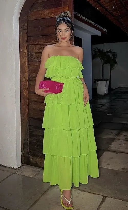 Playful A-Line Strapless Tiered Plain Back Floor Length Formal Evening Dress