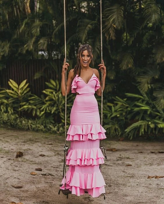 Playful Mermaid V-Neck Spaghetti-Strap Open Back Ruffled Floor-Length Evening Dress