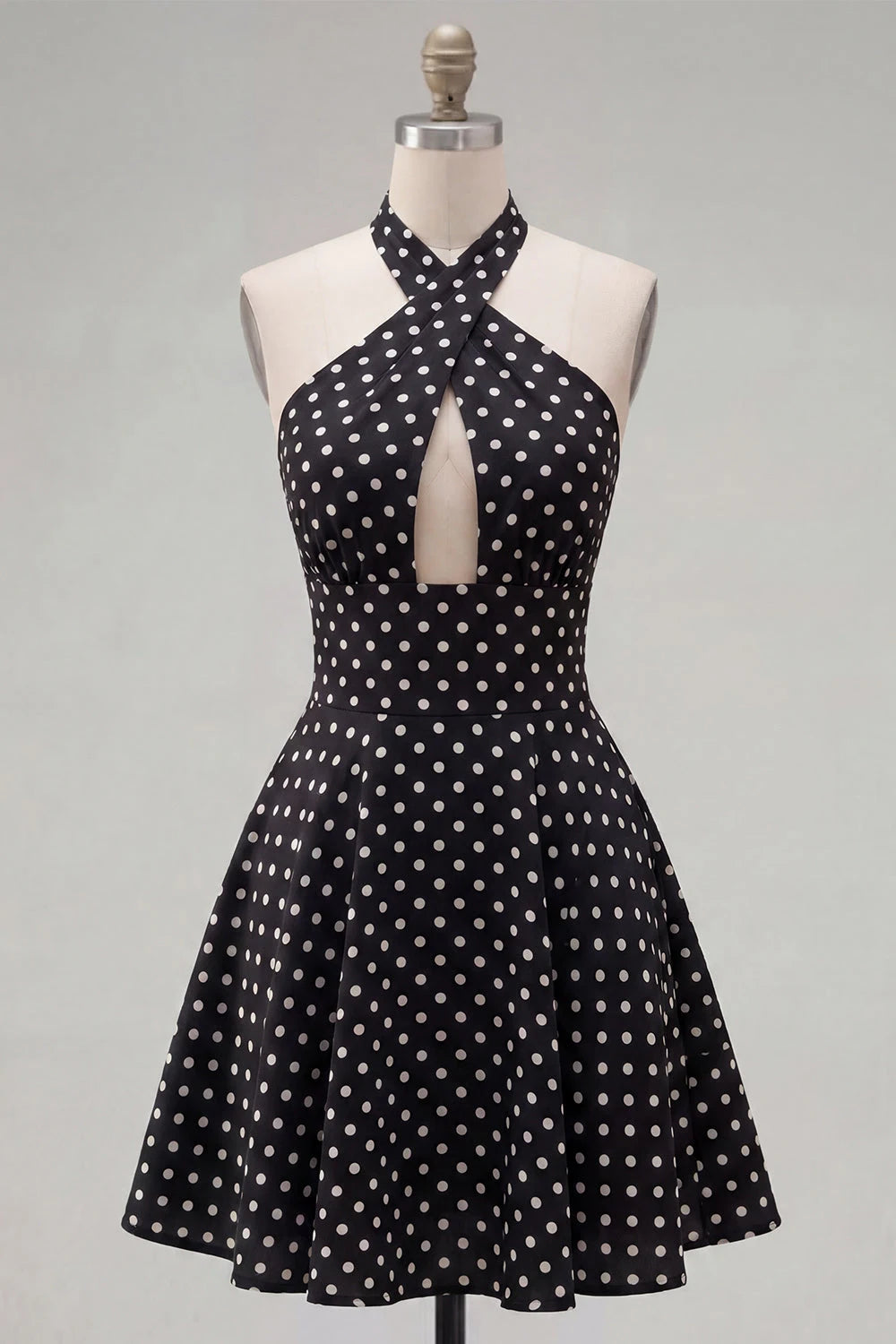 Playful A-Line Halter Sleeveless Polka Dot Keyhole Black Mini Homecoming Gown