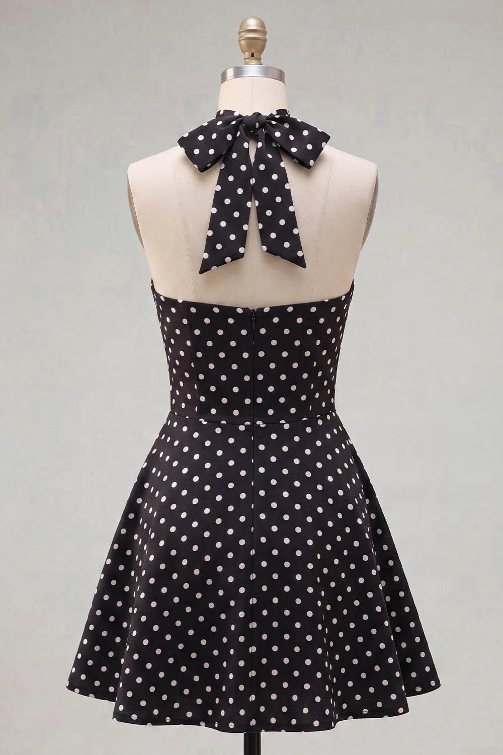 Playful A-Line Halter Sleeveless Polka Dot Keyhole Black Mini Homecoming Gown
