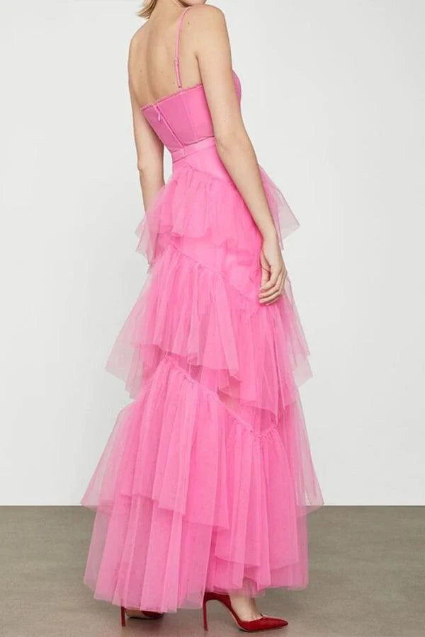 Wholesa A-line Princess Hot Pink Tiered Tulle Long Prom Dress Evening Dress