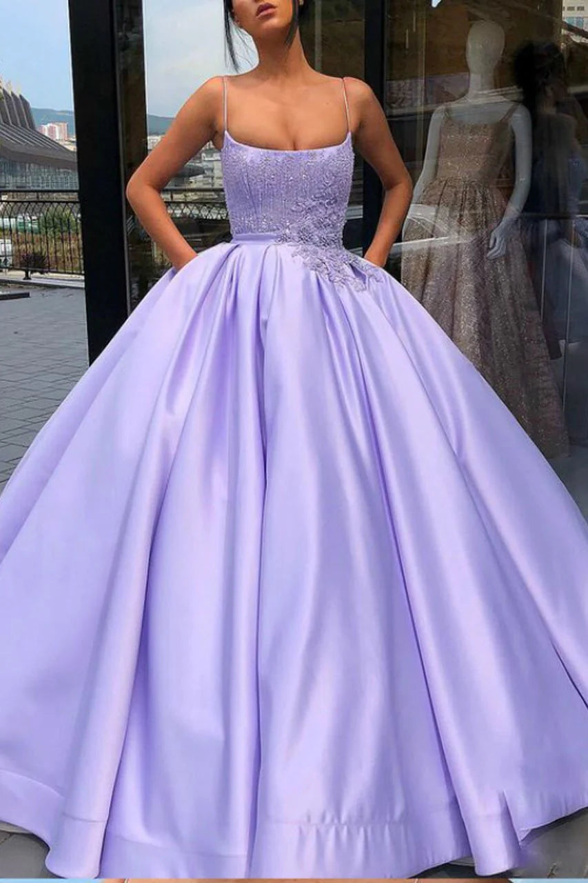 Wholesa Ball Gown Spaghetti Straps Satin Prom Dress Quinceanera Dress