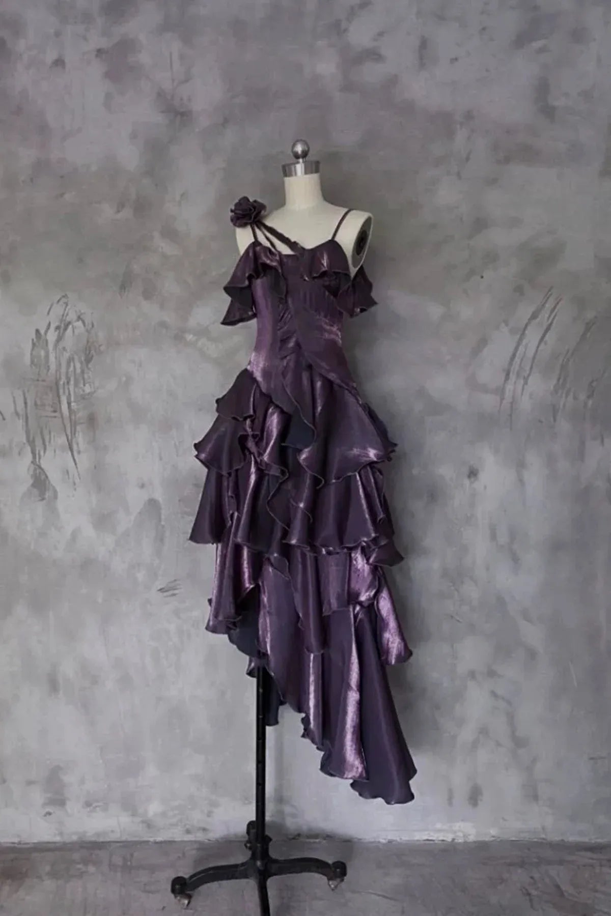 Purple One Shoulder Floral Applique Asymmetric Ruffle High Low Homecoming Dress
