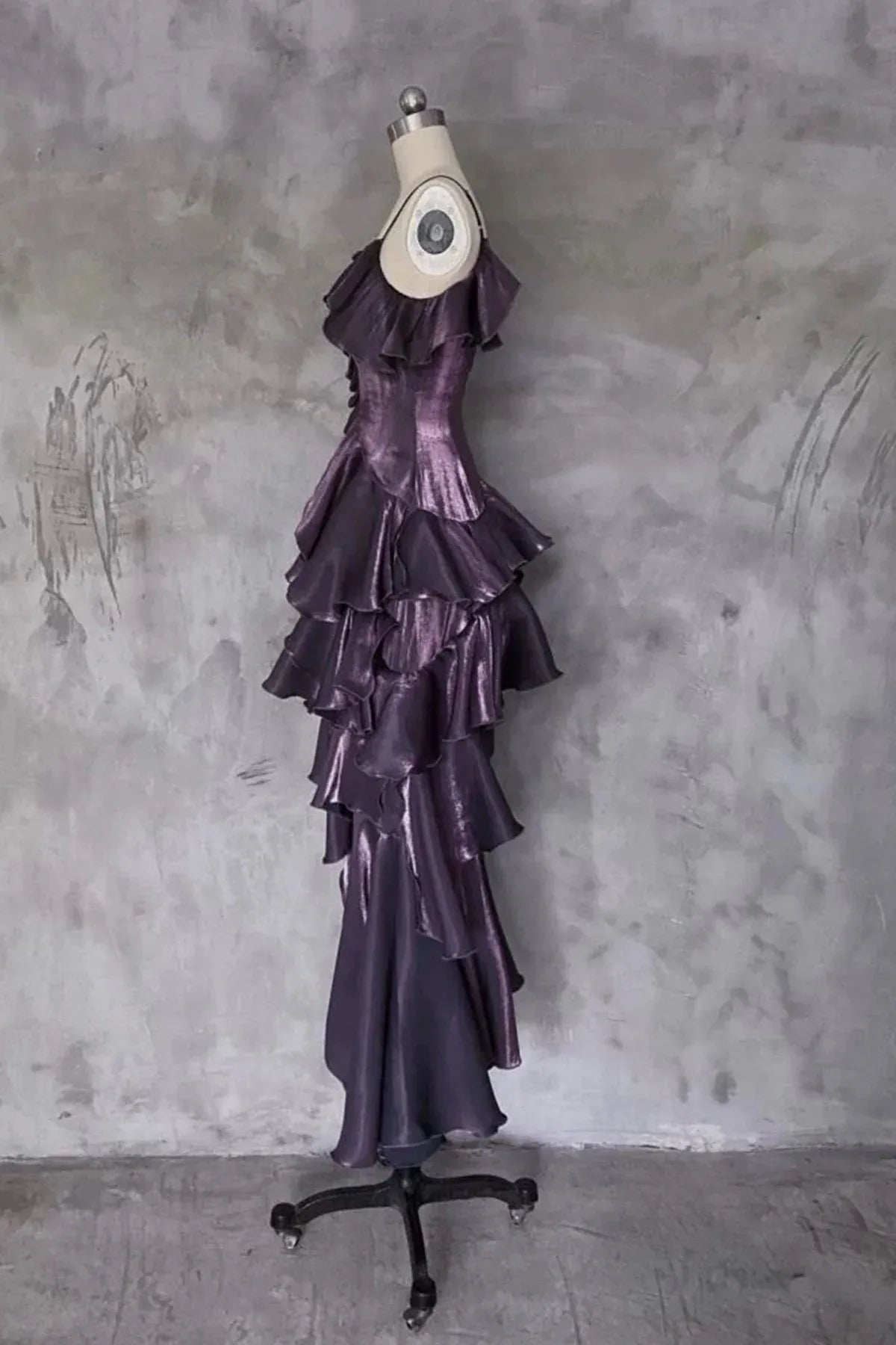Purple One Shoulder Floral Applique Asymmetric Ruffle High Low Homecoming Dress