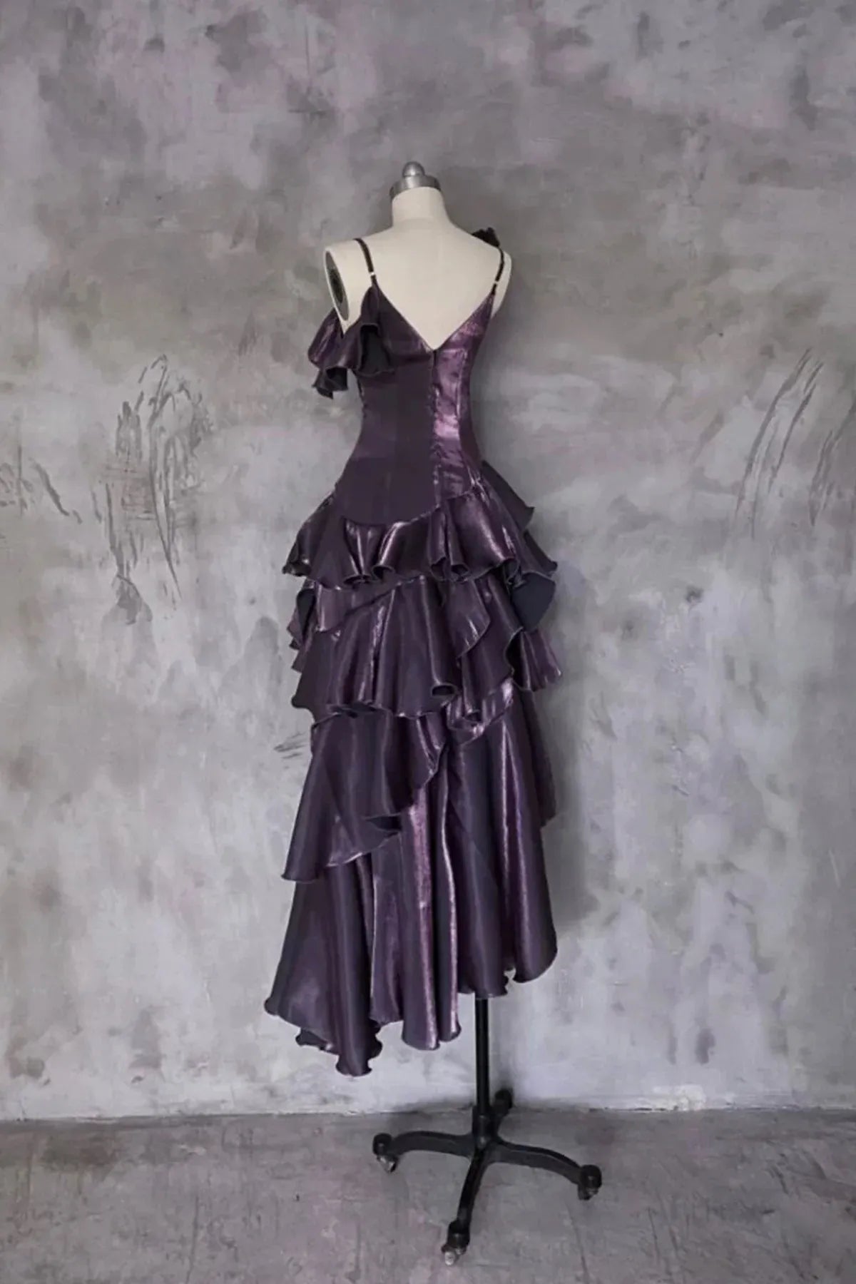 Purple One Shoulder Floral Applique Asymmetric Ruffle High Low Homecoming Dress