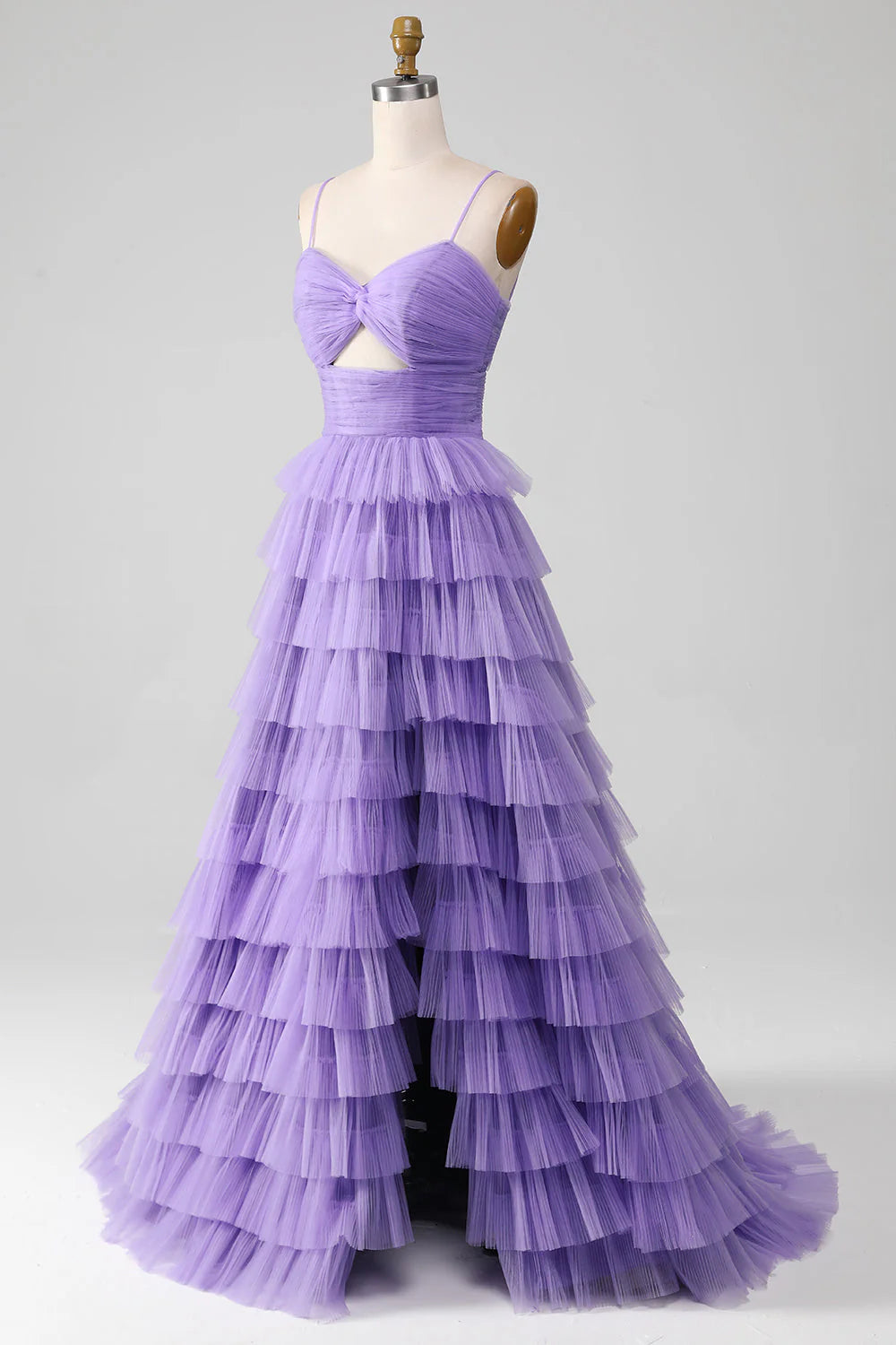Wholesa A-Line Tulle Tiered Long Prom Dress with Slit