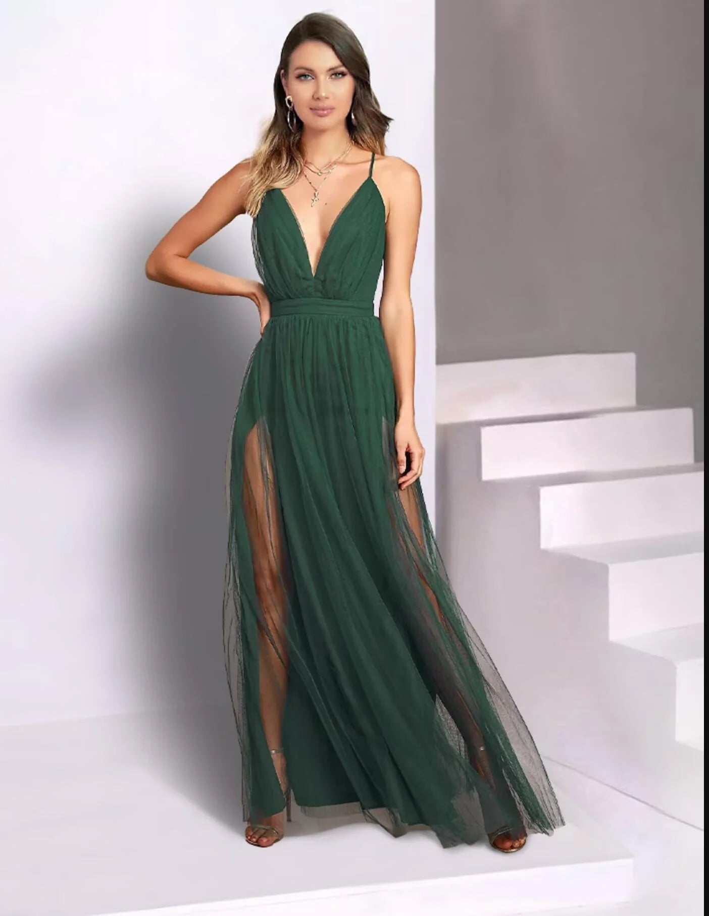 Wholesa Wedding Guest Dresses Casual Dress Party Wear Floor Length Sleeveless Spaghetti Strap Tulle with Pleats