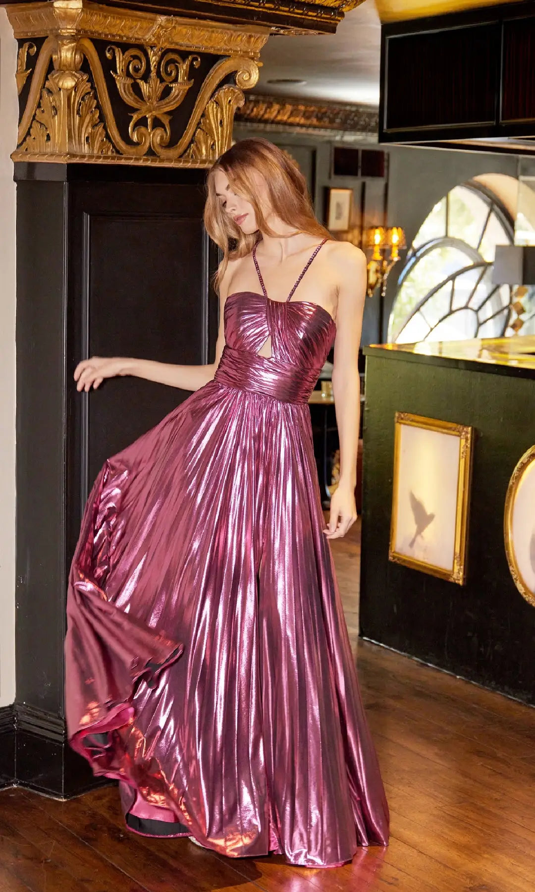 Radiant A-Line Halter Sleeveless Pleated Slit Fuchsia Prom Dresses Women Gown