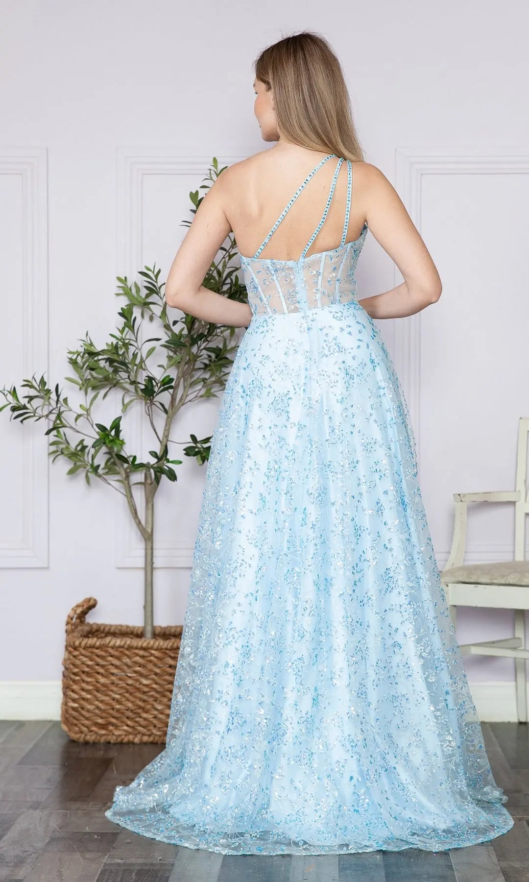 Radiant A-Line One-Shoulder Sleeveless Corset Slit Blue Maxi Prom Dresses Gown