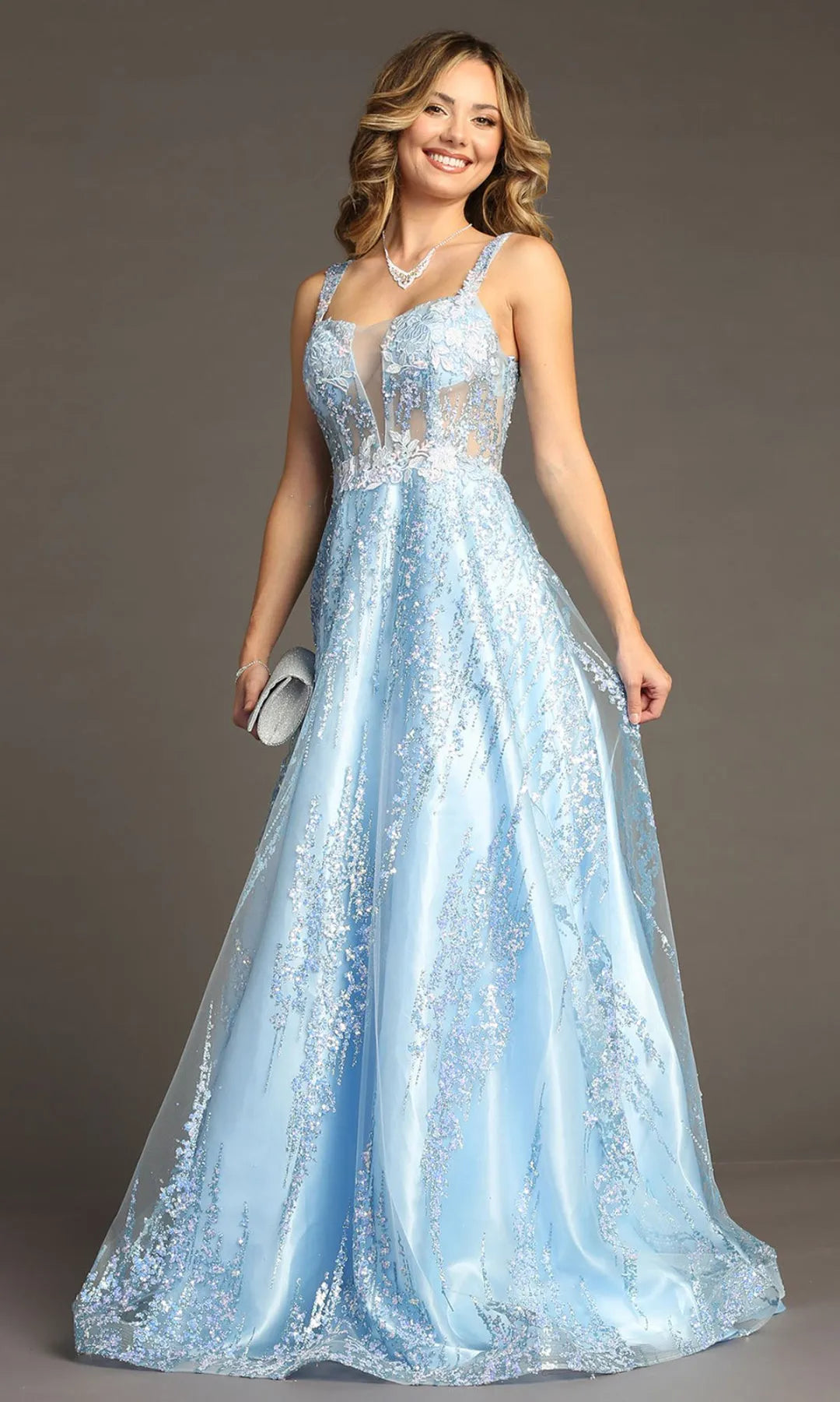 Radiant A-Line Scoop Sleeveless Glitter Corset Blue Floor-Length Prom Dresses Gown