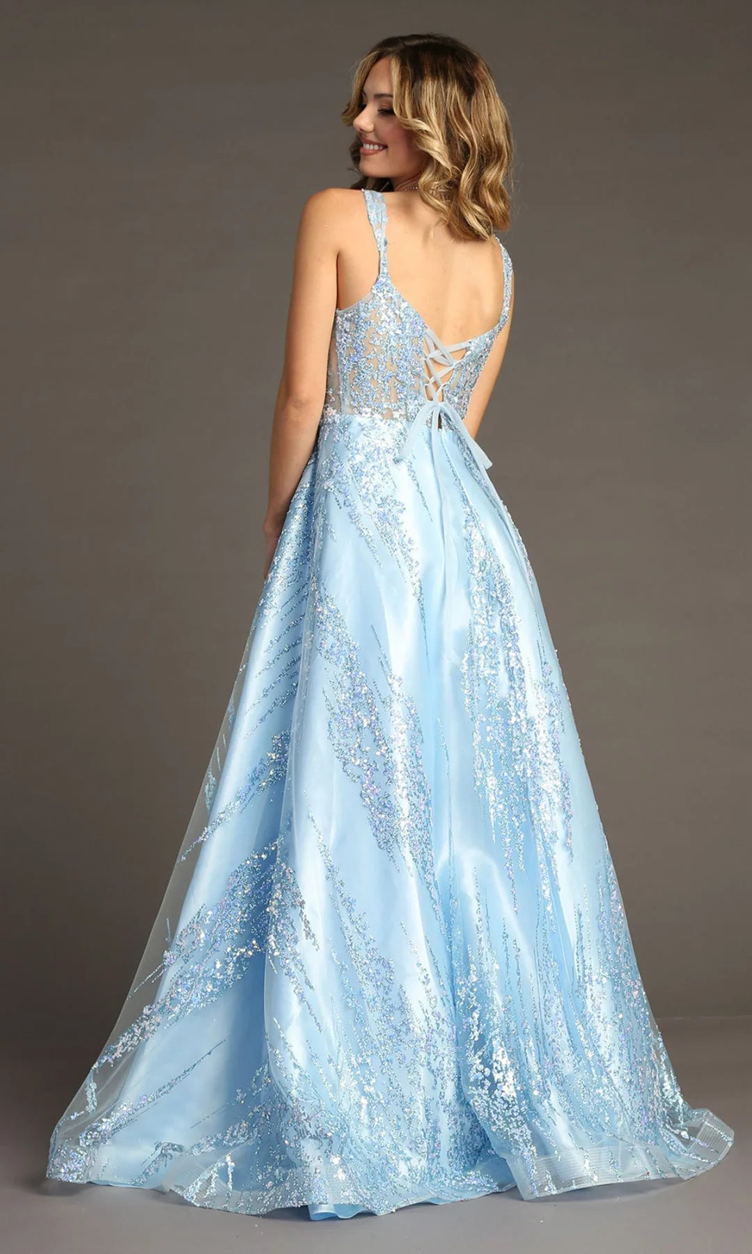 Radiant A-Line Scoop Sleeveless Glitter Corset Blue Floor-Length Prom Dresses Gown