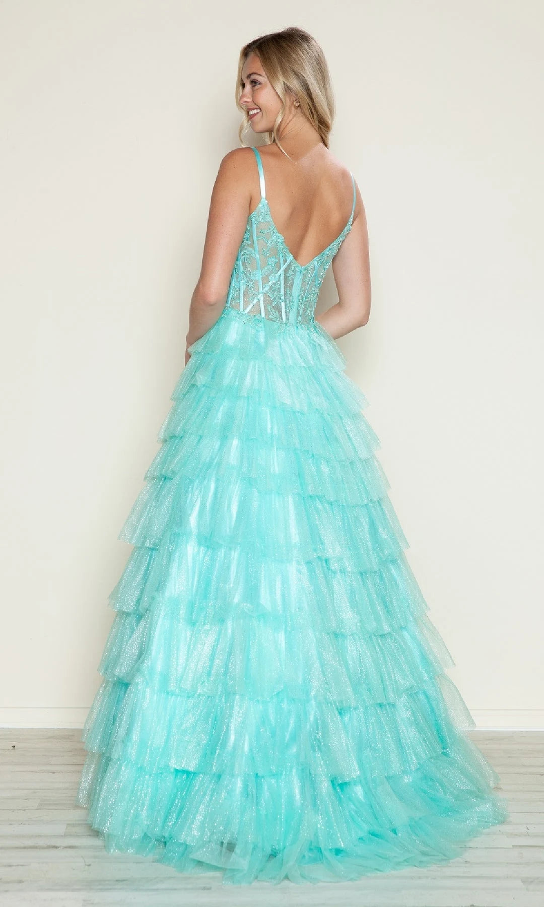 Radiant A-Line Sweetheart Sleeveless Corset Tiered Aqua Floor-Length Prom Dresses Women