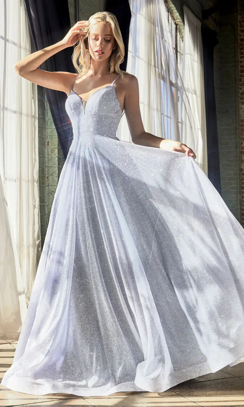 Radiant A-Line V-Neck Sleeveless Backless Shimmer Silver Maxi Prom Dresses Women