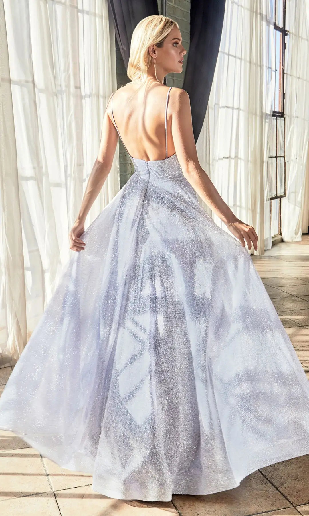 Radiant A-Line V-Neck Sleeveless Backless Shimmer Silver Maxi Prom Dresses Women