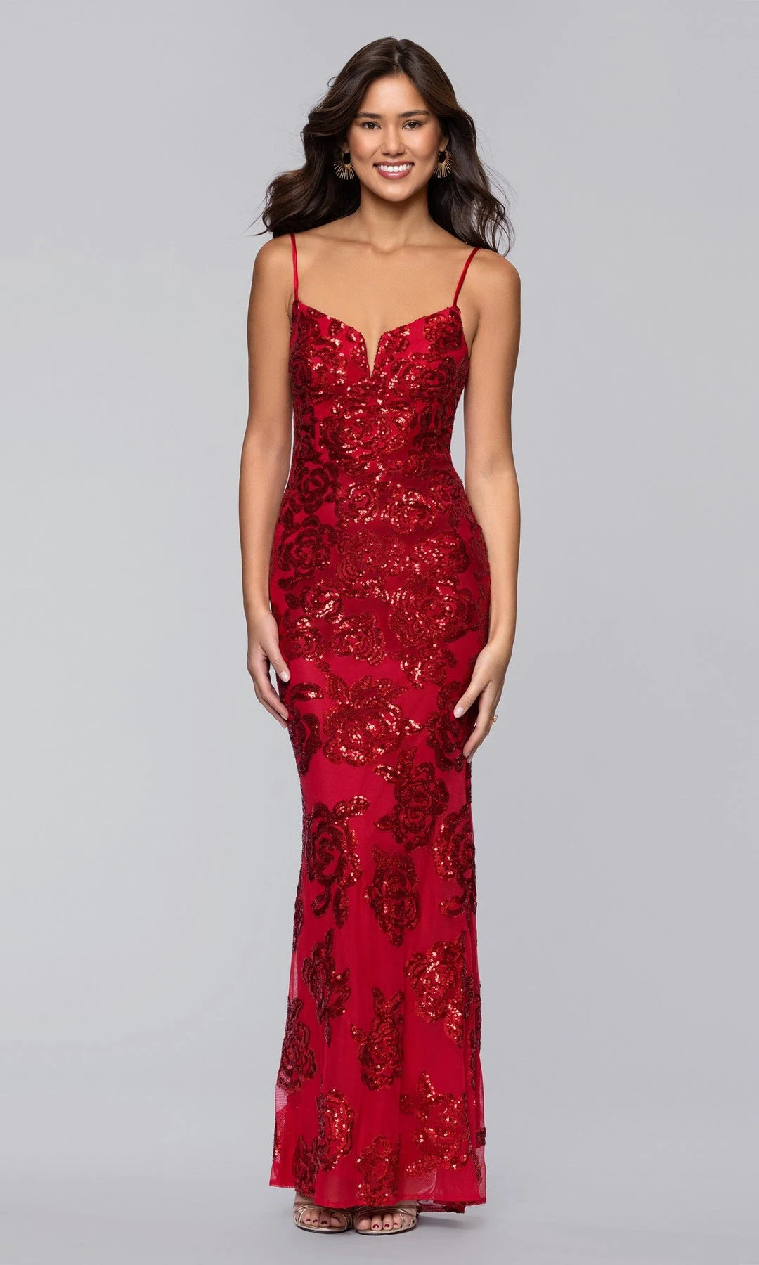Radiant Fitted V-Neck Sleeveless Backless Floral Red Long Prom Dresses Women
