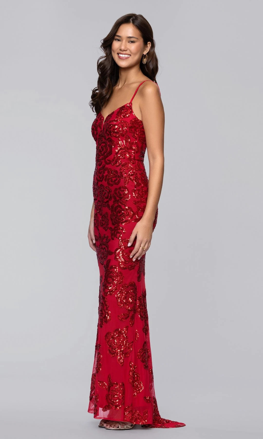 Radiant Fitted V-Neck Sleeveless Backless Floral Red Long Prom Dresses Women