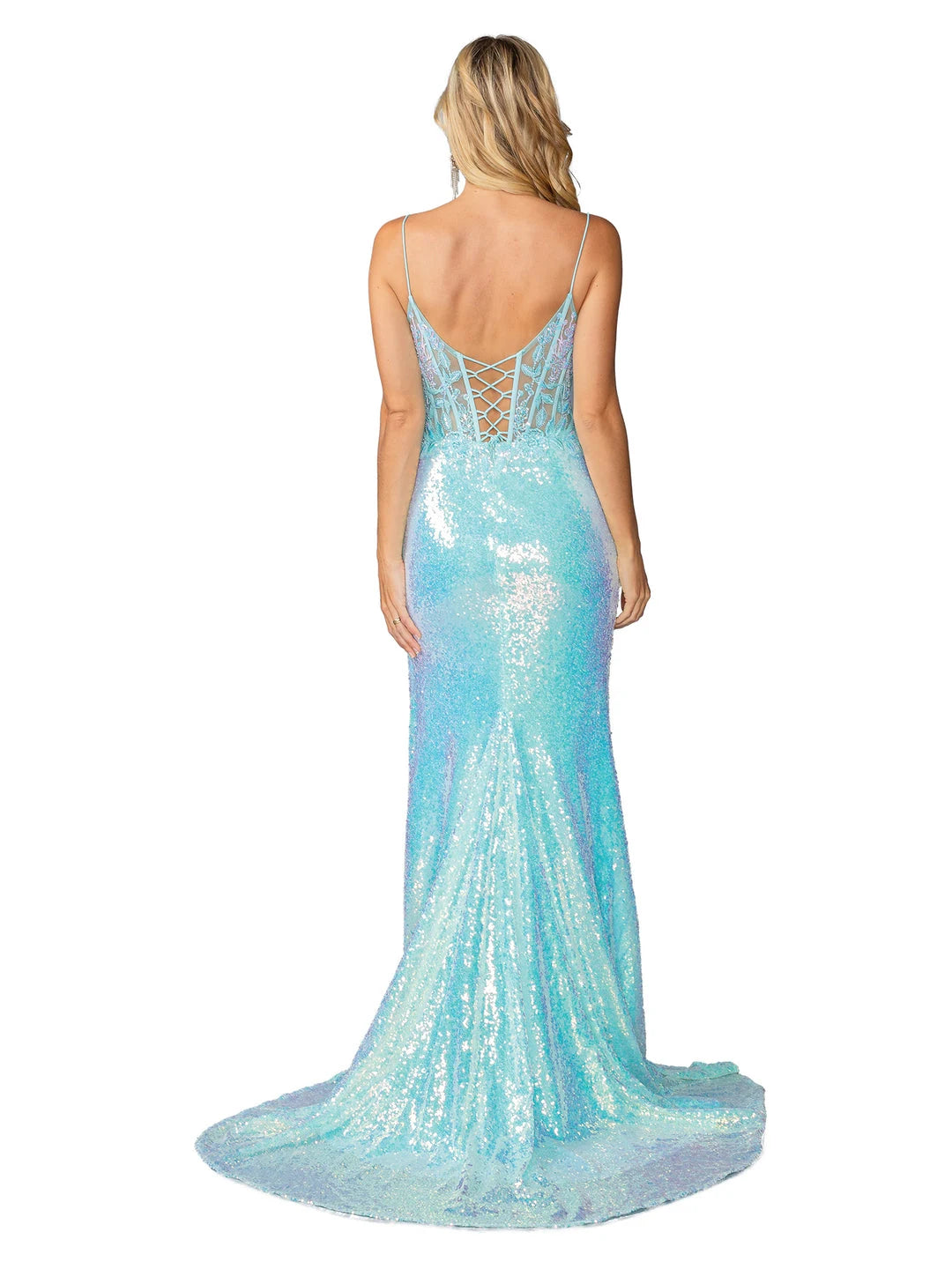 Radiant Sheath Deep V Neck Sleeveless Corset Slit Aqua Prom Dresses For Women Gown