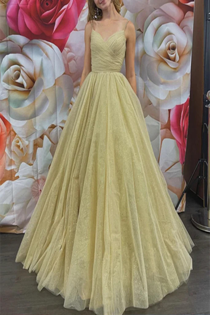 Wholesa Tulle Sequin Spaghetti Straps Prom Dresses Floor-Length Evening Dresses