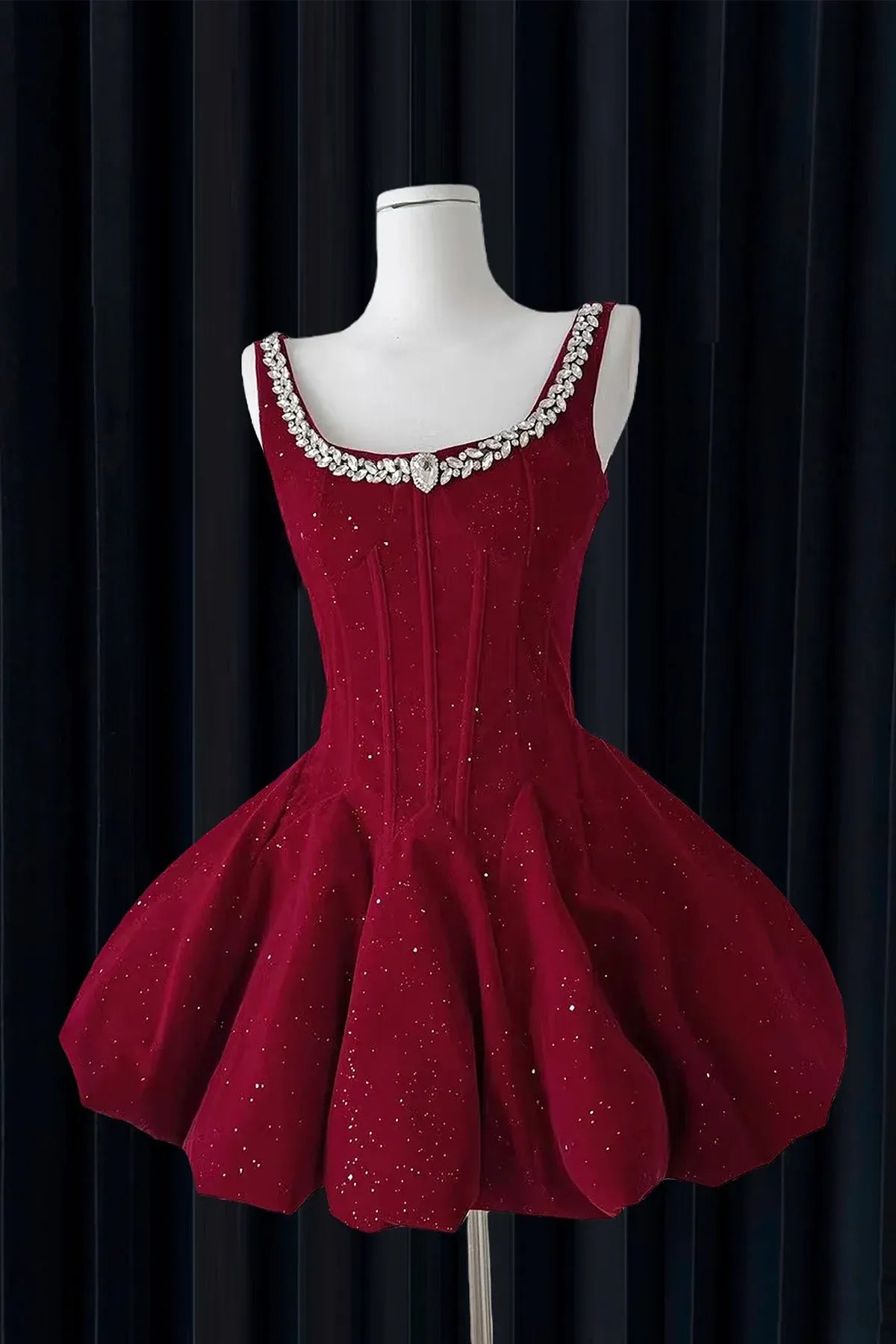 Red Velvet Square Neck Crystal Trim Voluminous A-Line Homecoming Dress