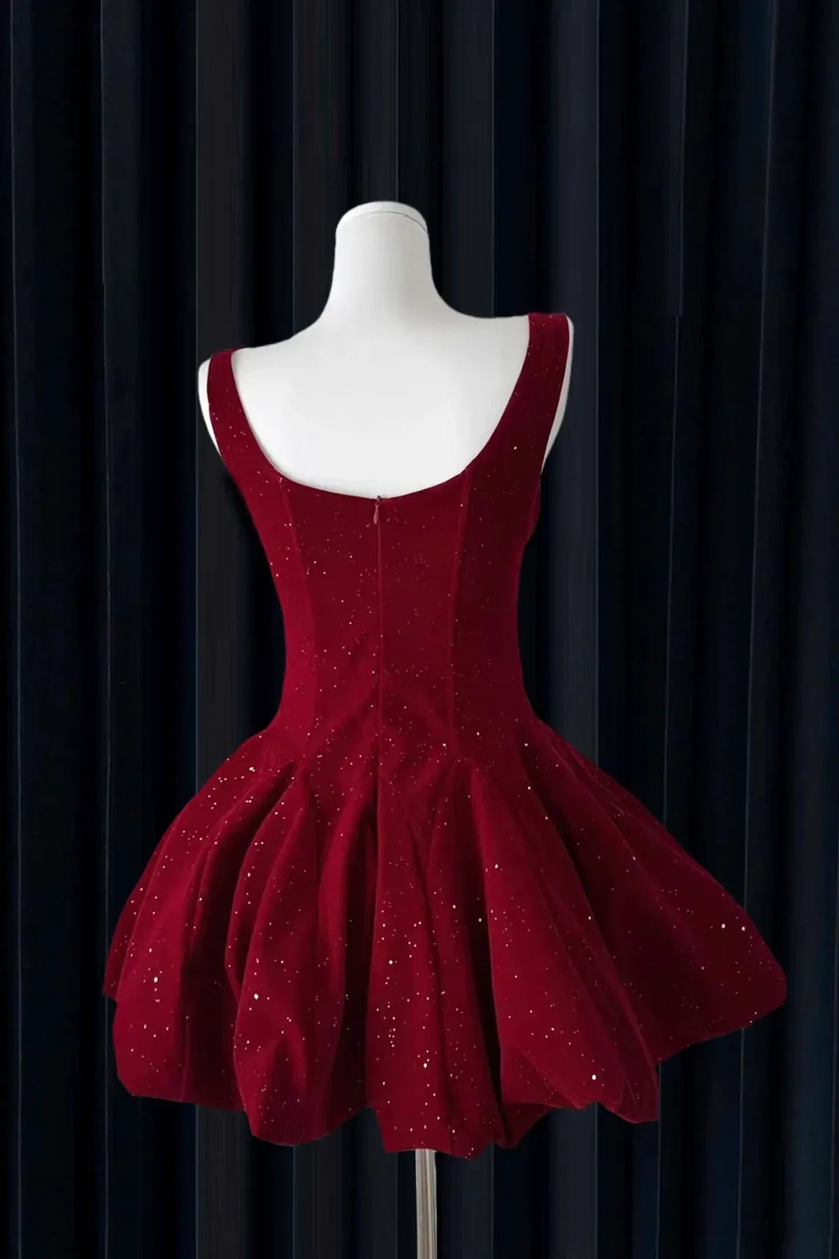 Red Velvet Square Neck Crystal Trim Voluminous A-Line Homecoming Dress