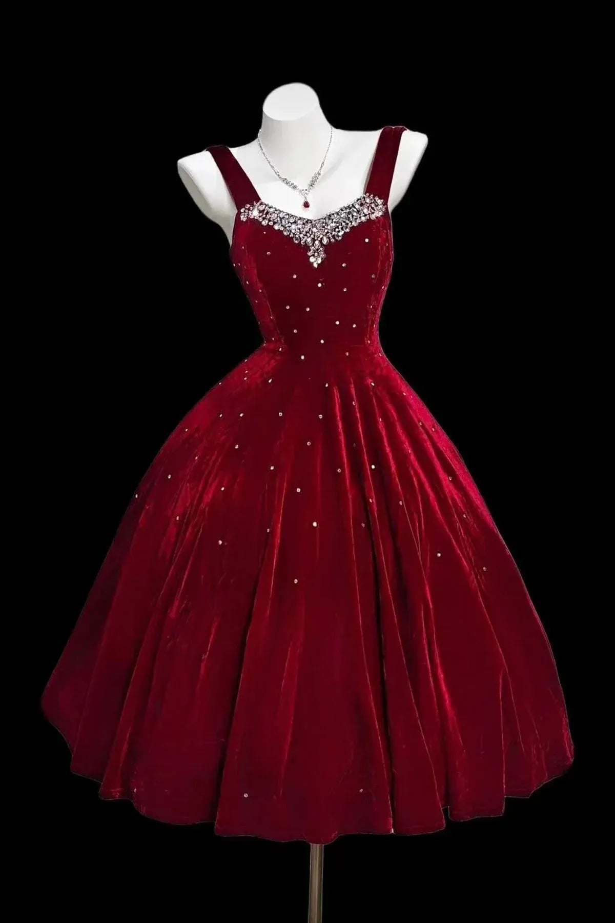 Red Velvet Sweetheart Crystal Embellished A-Line Midi Homecoming Dress