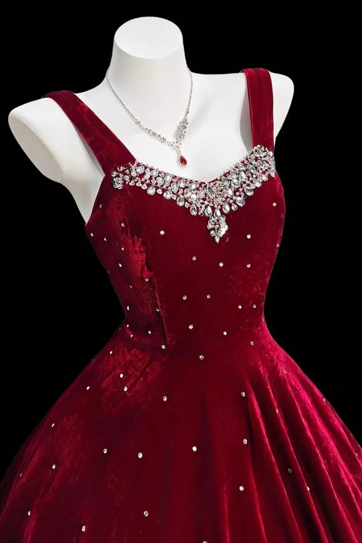 Red Velvet Sweetheart Crystal Embellished A-Line Midi Homecoming Dress