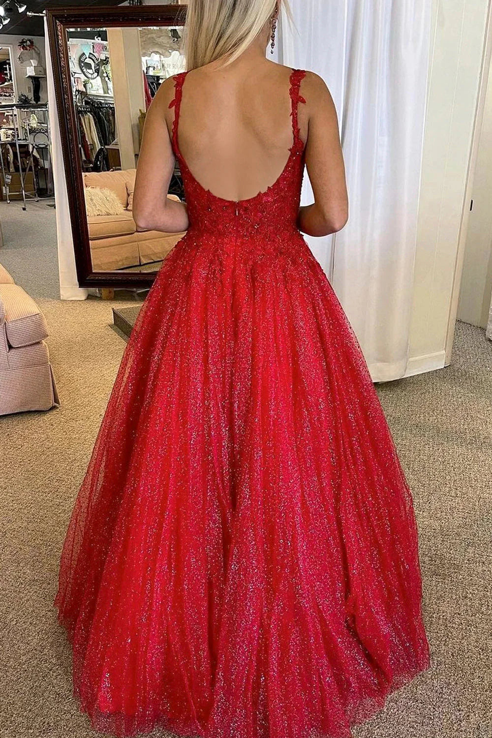 Wholesa A-line Backless Glitter Prom Dress