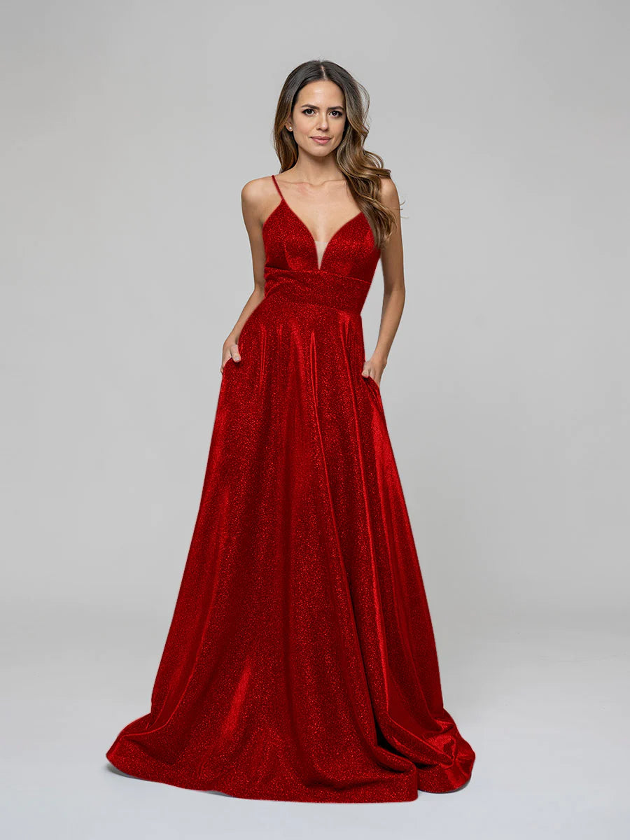 Wholesa A Line Lace-up Spaghetti Straps Metallic Glitter Prom Dresses