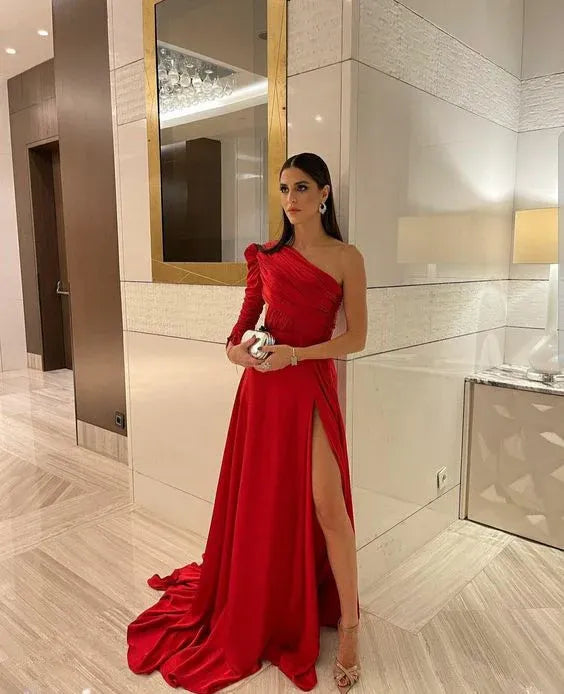 Regal A-Line One-Shoulder Long Sleeve Plain Back Floor Length Formal Evening Dress