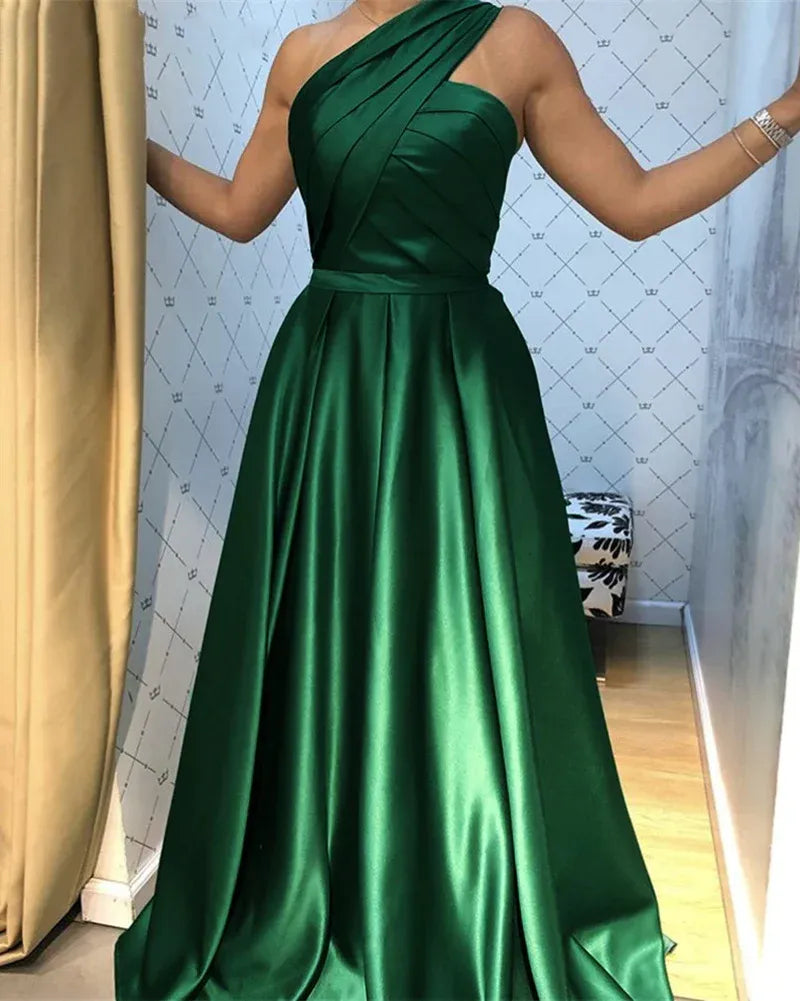 Regal A-Line One-Shoulder Ruched Plain Back Floor Length Formal Evening Dress
