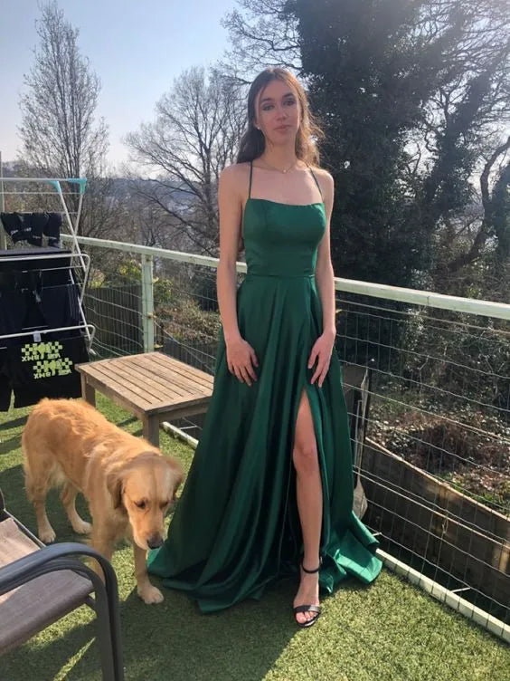 Regal A-Line Square-Neck Spaghetti-Strap Lace-Up-Back High-Slit Floor-Length Formal Evening Dress
