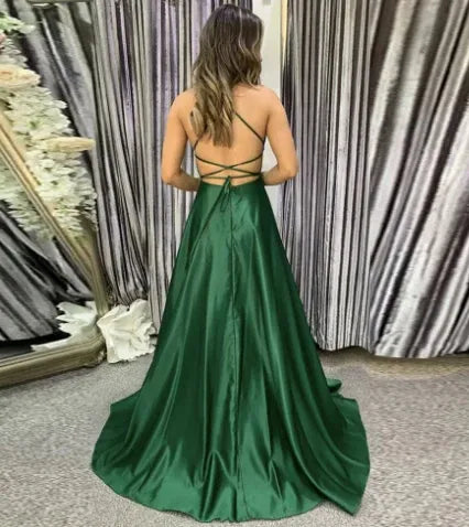 Regal A-Line Square-Neck Spaghetti-Strap Lace-Up-Back High-Slit Floor-Length Formal Evening Dress