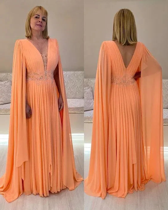 Regal A-Line V-Neck Cape Sleeve Beaded Waist Floor Length Formal Evening Dress