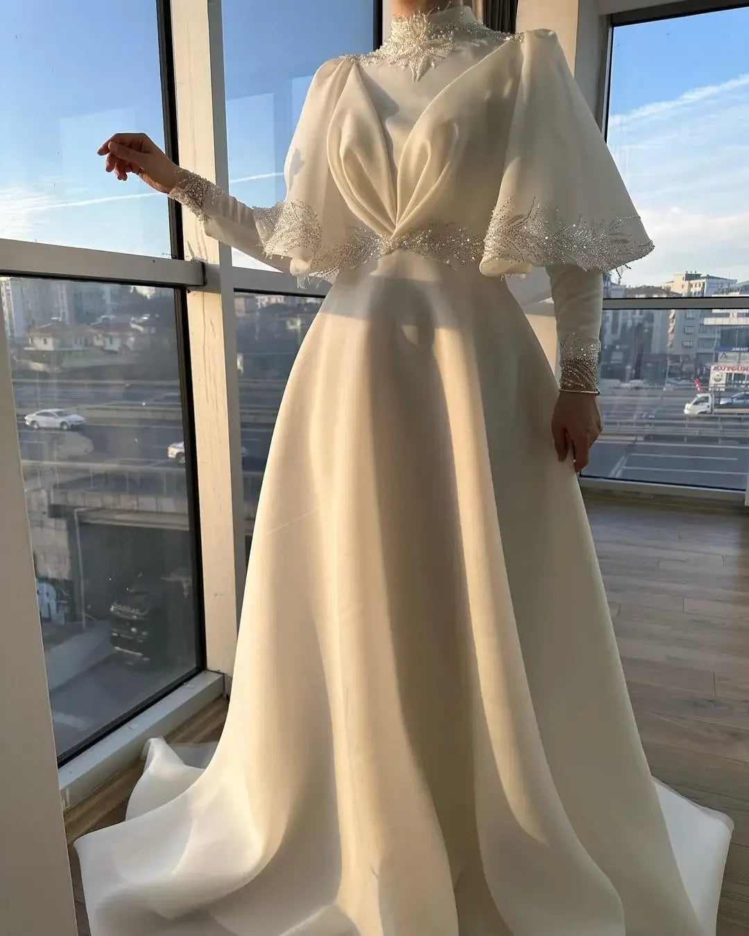 Regal Ball-Gown High-Neck Long-Sleeve Zipper-Back Beaded-Cape Floor-Length Prom Dress