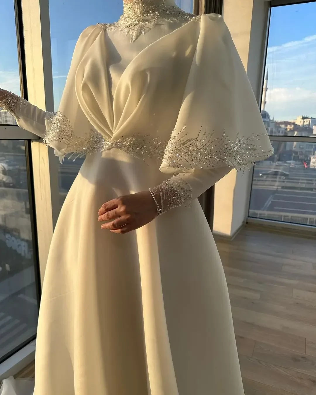Regal Ball-Gown High-Neck Long-Sleeve Zipper-Back Beaded-Cape Floor-Length Prom Dress