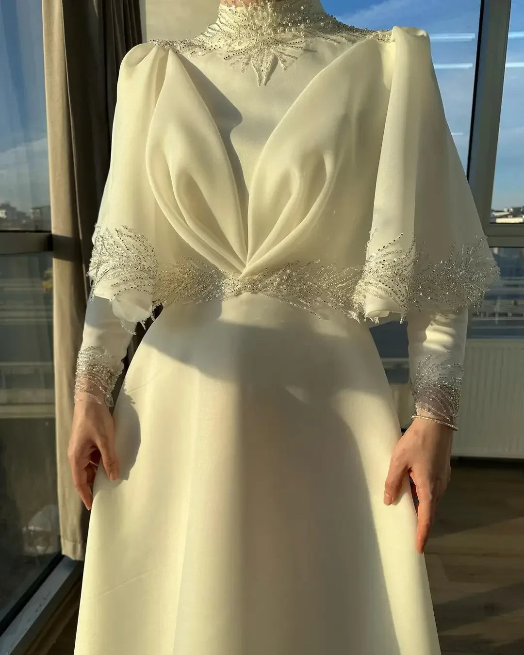 Regal Ball-Gown High-Neck Long-Sleeve Zipper-Back Beaded-Cape Floor-Length Prom Dress