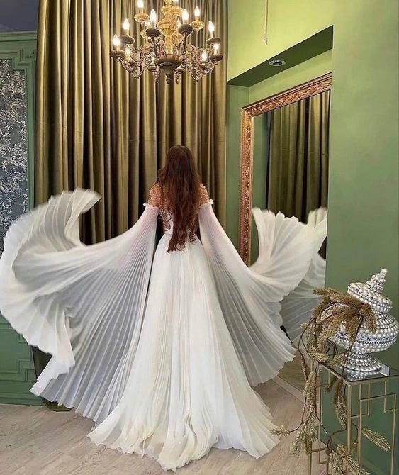 Regal Ball-Gown Illusion-Neck Cape-Sleeve Zipper-Back Beaded-Detail Floor-Length Prom Dress