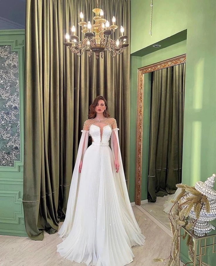 Regal Ball-Gown Illusion-Neck Cape-Sleeve Zipper-Back Beaded-Detail Floor-Length Prom Dress