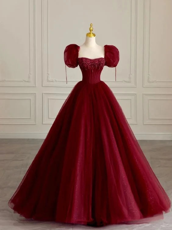 Regal Ball-Gown Square Neck Puff-Sleeve Lace-Up Back Tulle Floor-Length Evening Dress