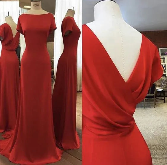 Regal Mermaid Boat-Neck Short-Sleeve V-Back Floor-Length Formal Evening Dress
